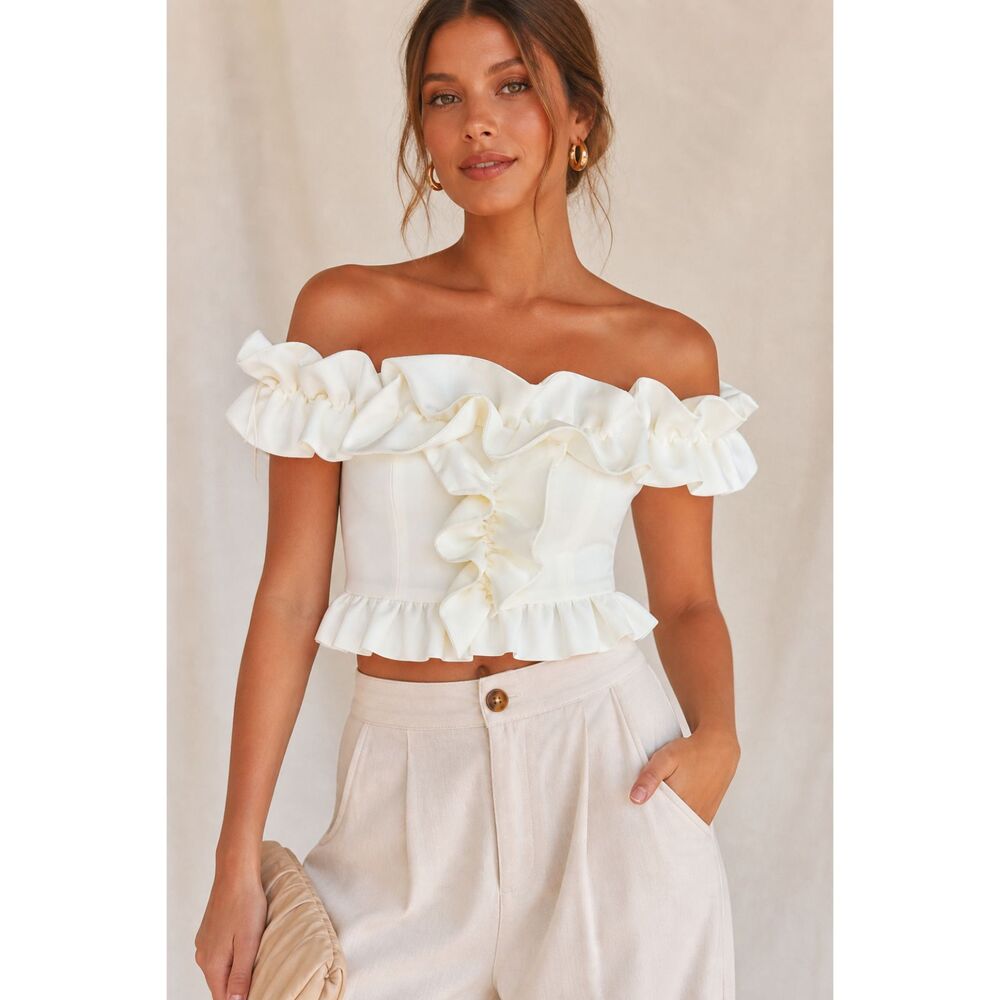 Keepsake The Label Escape Top XXS Ivory Off Shoulder Ruffle Crop Blouse NWT